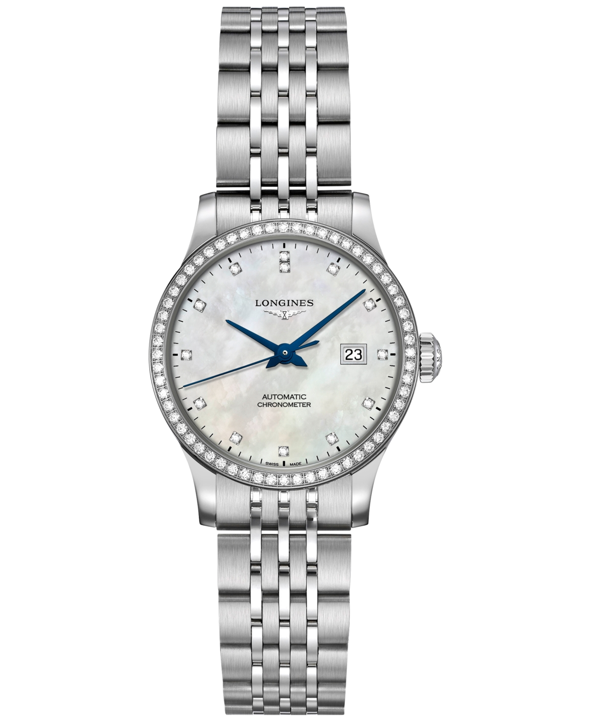 Shop Longines Women's Swiss Automatic Record Collection Diamond (1/2 Ct. T.w.) Stainless Steel Bracelet Watch 30mm In No Color