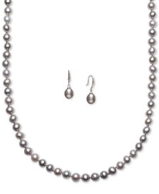 Cultured Freshwater Pearl Necklace (7-7 1/2mm) and Drop Earrings (7x9mm) Set in Sterling Silver