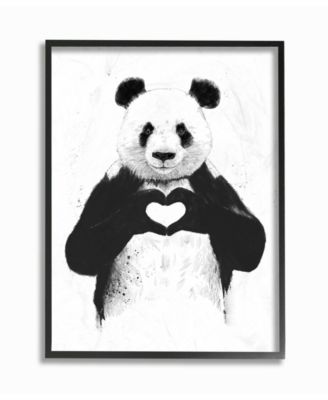 Black and White Panda Bear Making A Heart Ink Illustration Framed Giclee Texturized Art, 16" L x 20" H