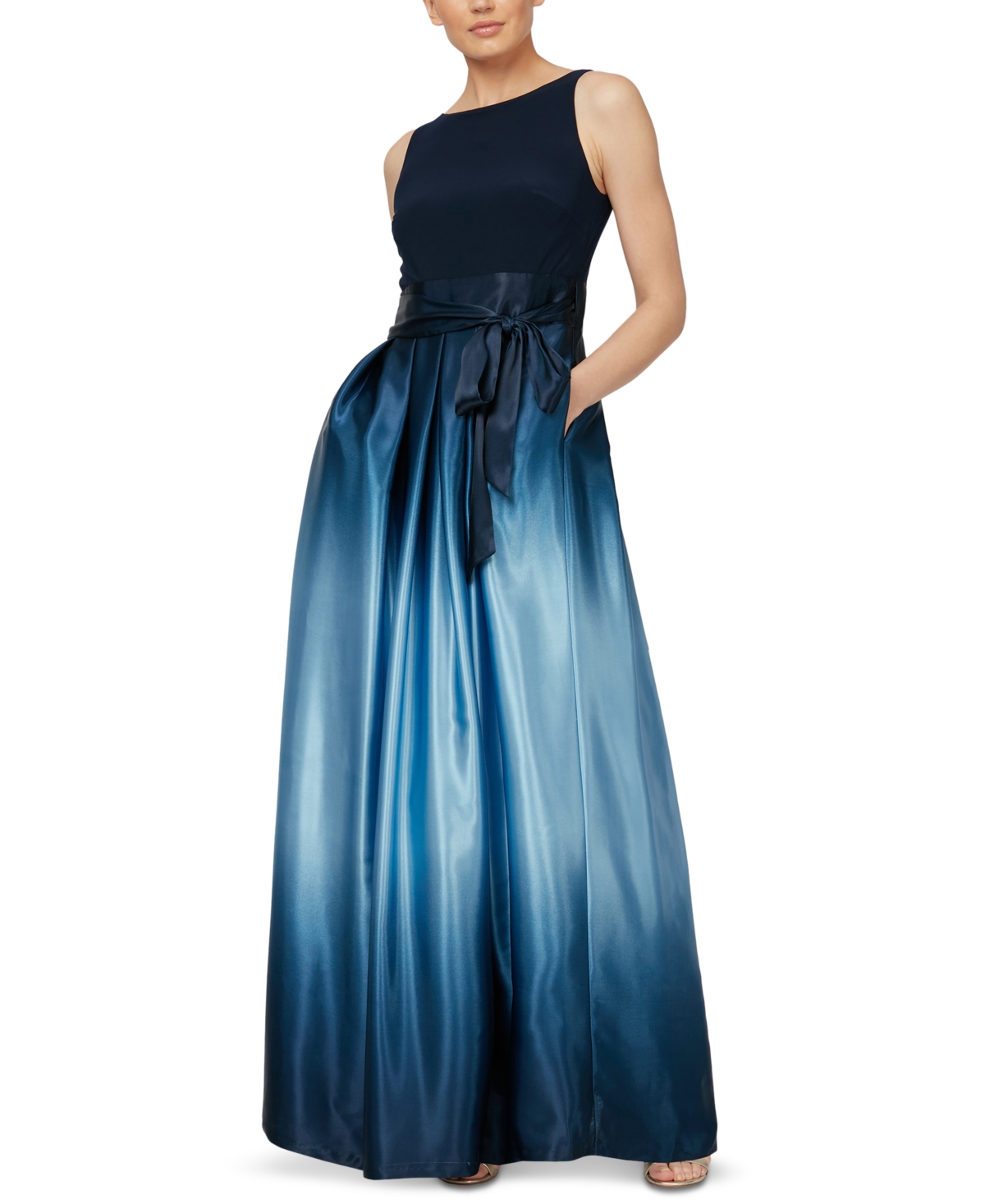 Shop Sl Fashions Petite Ombre-skirt Gown In Navy,light Blue