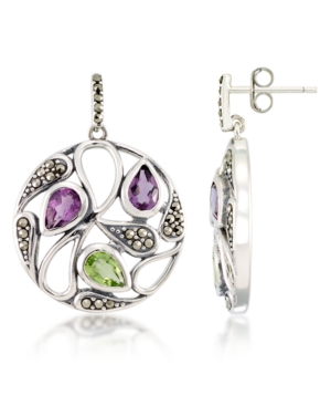 image of Marcasite and Amethyst(1 ct. t.w.) and Peridot ( 2 ct. t.w.) Paisley Round Post Earrings in Sterling Silver