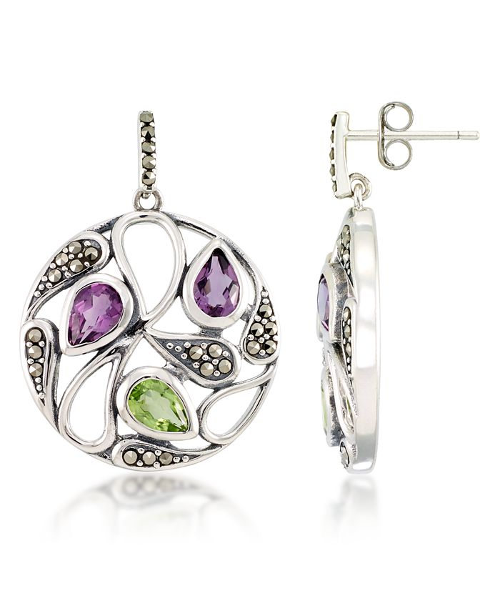 Macy's - Marcasite and Amethyst(1 ct. t.w.)  and Peridot ( 2 ct. t.w.) Paisley Round Post Earrings in Sterling Silver