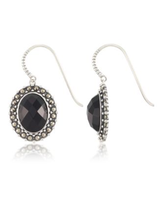 Macy's - Marcasite and Faceted Onyx Oval Wire Earrings in Sterling Silver