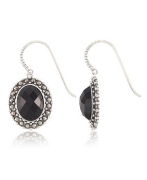 image of Marcasite and Faceted Onyx Oval Wire Earrings in Sterling Silver