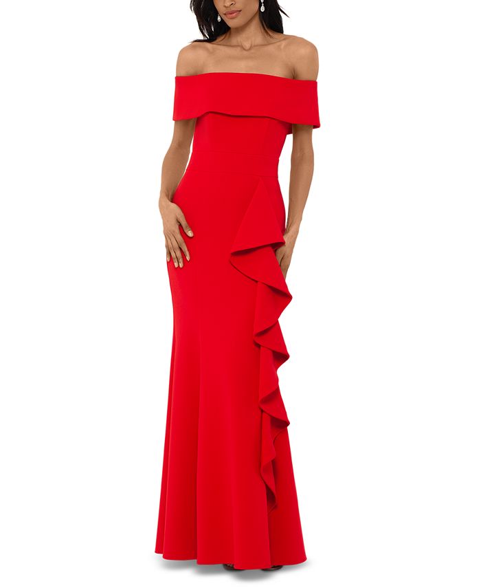 Betsy & Adam Petite Off-The-Shoulder Cascade Gown - Macy's