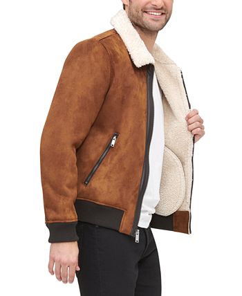DKNY Men's Faux Shearling Bomber Jacket with Faux Fur Collar, Created ...