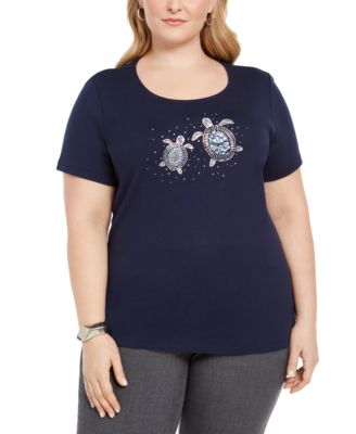 Karen Scott - Plus Size Embellished Turtle Print Cotton T-Shirt