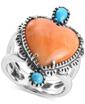 Macy's - Orange Spiny Oyster and Turquoise Heart-Shape Statement Ring in Sterling Silver