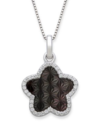 Macy's - Black Mother of Pearl 13mm and Cubic Zirconia Star Shaped Pendant with 18" Chain in Sterling Silver