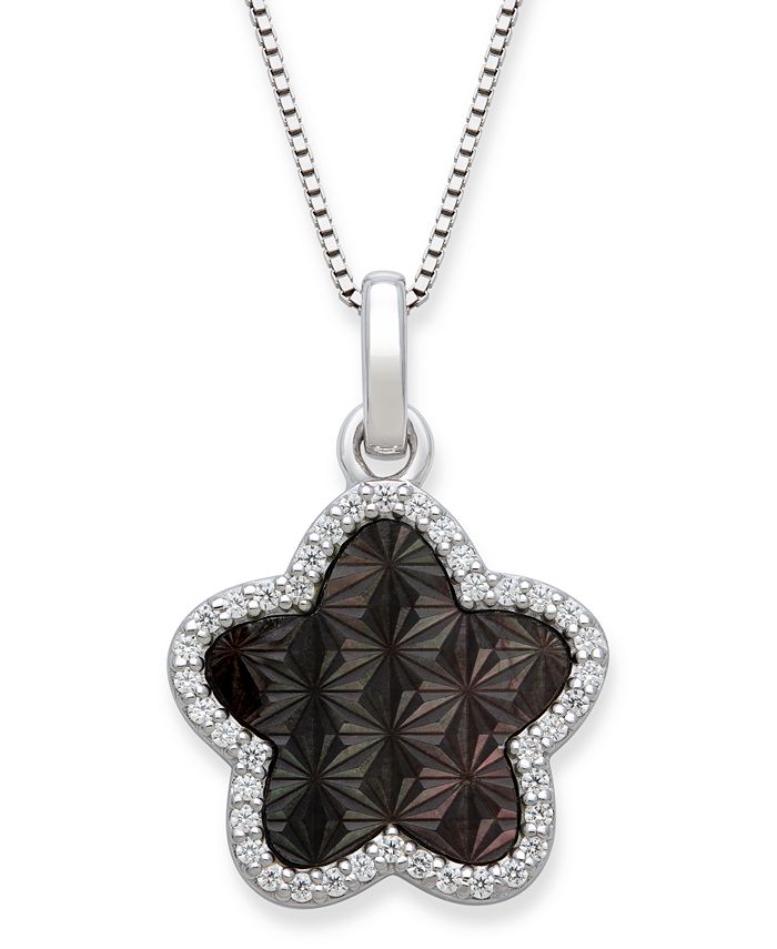 Macy's - Black Mother of Pearl 13mm and Cubic Zirconia Star Shaped Pendant with 18" Chain in Sterling Silver