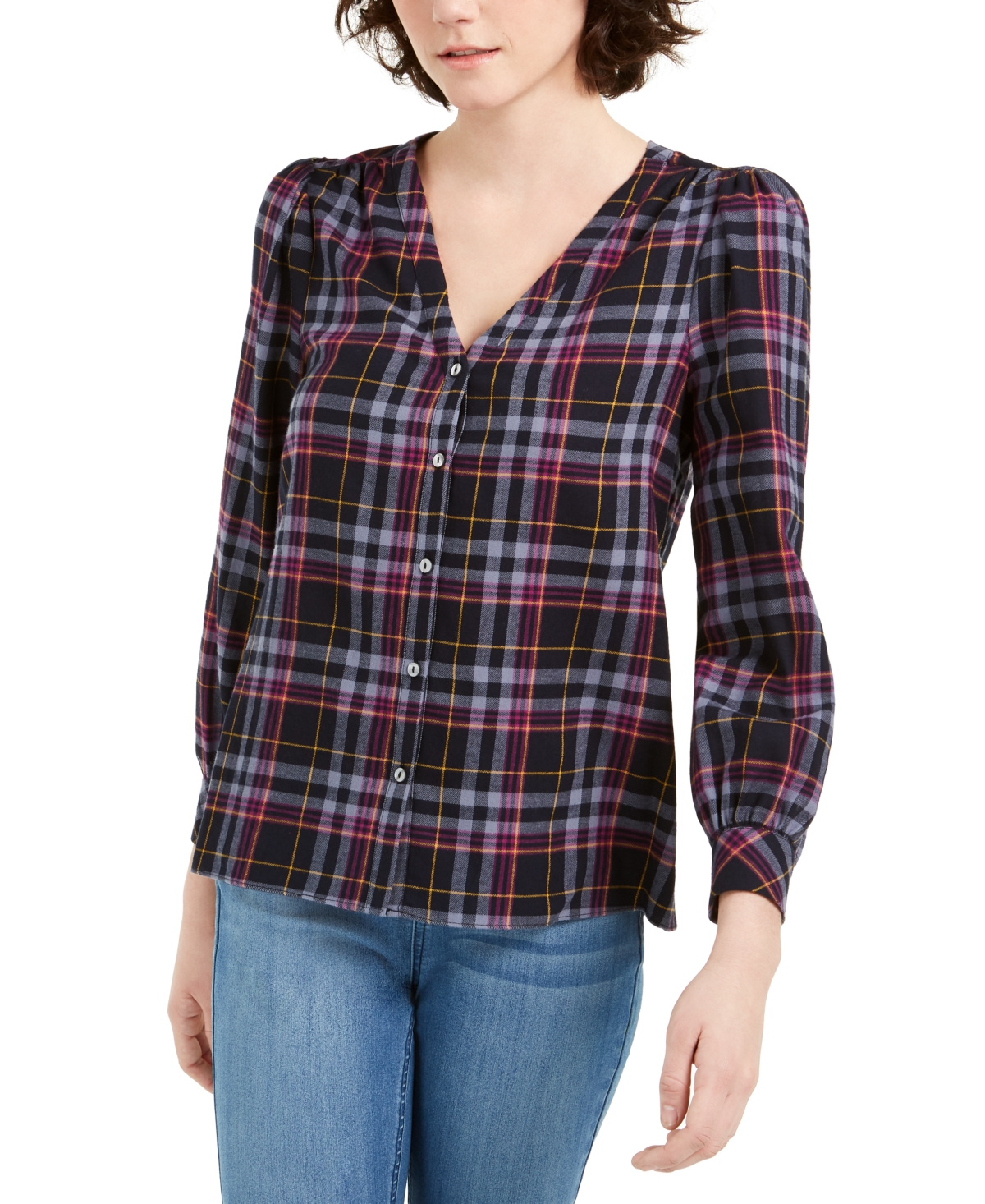  1.state Women's Cotton Flannel Plaid V-Neck Long Sleeve Top