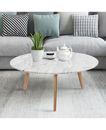 Cenports - Stella 31" Round White Marble Coffee Table with Oak Legs