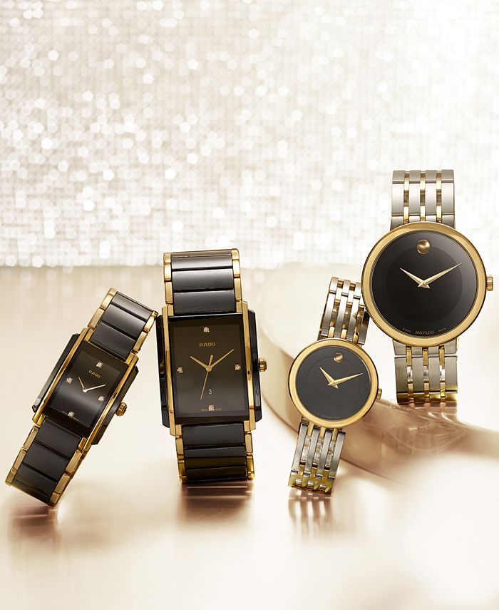 Rado - Women's Swiss Integral Diamond Accent Black Ceramic & Gold-Tone Stainless Steel Bracelet Watch 23x33mm R20845712