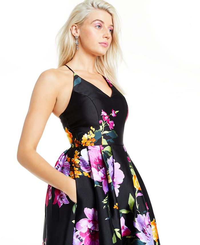 BCX Juniors' Floral-Print Cross-Back Gown, Created for Macy's - Macy's