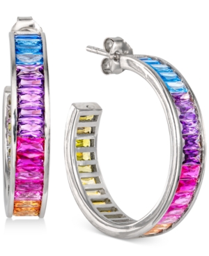 image of Cubic Zirconia Medium Rainbow Baguette Hoop Earrings in Sterling Silver, 1.1