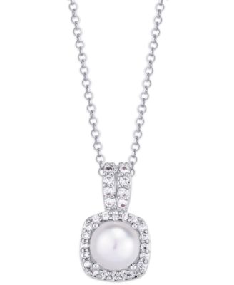 Macy's - Simulated Birthstone Cushion Cubic Zirconia Halo Pendant Necklace in Fine Silver Plate