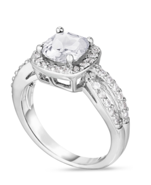 image of Simulated Birthstone Cushion Cubic Zirconia Halo Solitaire Ring in Fine Silver Plate
