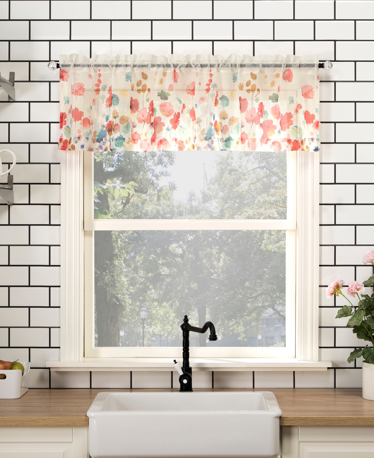 Rosalind Watercolor Floral Semi-Sheer Rod Pocket Kitchen Curtain Valance - Poppy