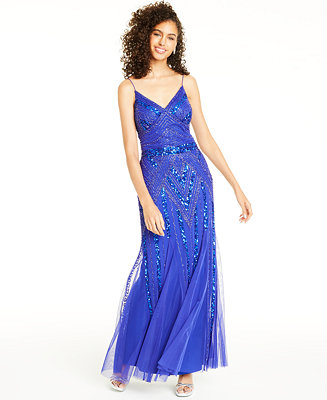 Jump Juniors' Beaded Sequin-Embellished Gown - Macy's