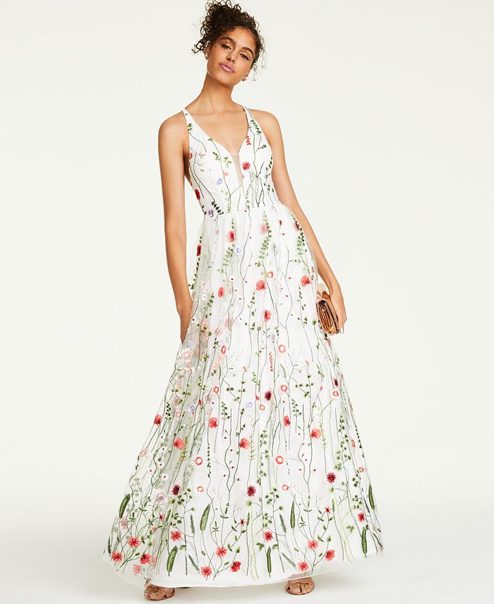 City Studios - Juniors' Embroidered Strappy-Back Gown