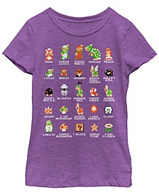 Nintendo Big Girl's Super Mario 8-Bit Pixel Icons List Vintage-Like Short Sleeve T-Shirt