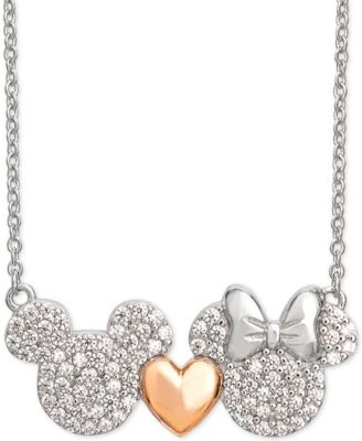 Disney - Cubic Zirconia Mickey Heart Minnie 18" Pendant Necklace in Sterling Silver & 18k Rose Gold-Plate
