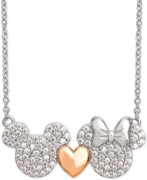 Disney Cubic Zirconia Mickey Heart Minnie 18" Pendant Necklace In Sterling Silver & 18k Rose Gold-plate