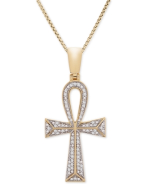 Shop Macy's Men's Diamond Ankh Cross 22" Pendant Necklace (1/4 Ct. T.w.) In 14k Gold-plated Sterling Silver And  In Gold Over Silver