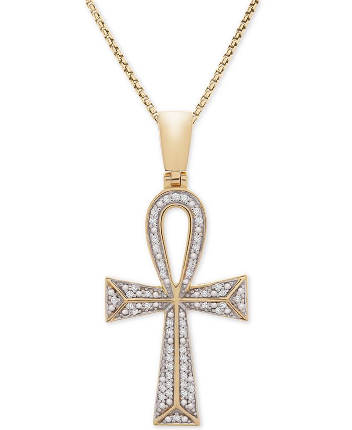 Macy's - Men's Diamond Ankh Cross 22" Pendant Necklace (1/4 ct. t.w.) in Sterling Silver & 14k Gold-Plate