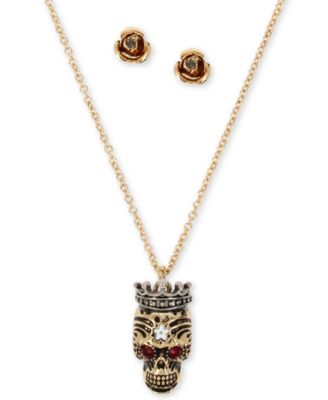 Betsey Johnson Two-Tone Pavé Crowned Skull Pendant Necklace & Rose Stud ...