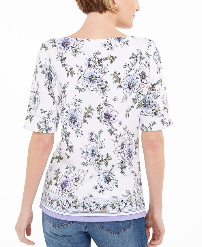 Karen Scott Floral-Print Elbow-Sleeve Top, Created for Macy's - Macy's