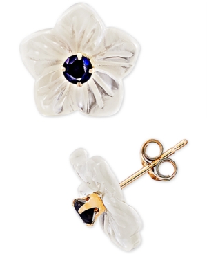 Mother-of-Pearl Flower & Lab Created Emerald Ruby or Sapphire Stud Earrings in 10k Gold