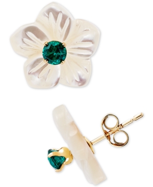 image of Mother-of-Pearl Flower & Lab Created Emerald, Ruby or Sapphire Stud Earrings in 10k Gold
