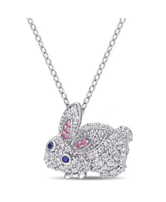 Round Rainbow Moonstone Rhodium Over Sterling Silver Bunny Necklace