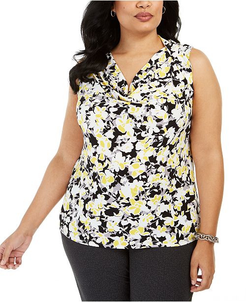 Kasper Plus Size Floral Print Drape Neck Sleeveless Blouse