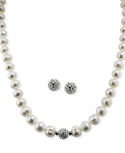 Honora Style Cultured Freshwater Pearl (7mm) and Crystal (10mm) Jewelry Set in Sterling Silver
