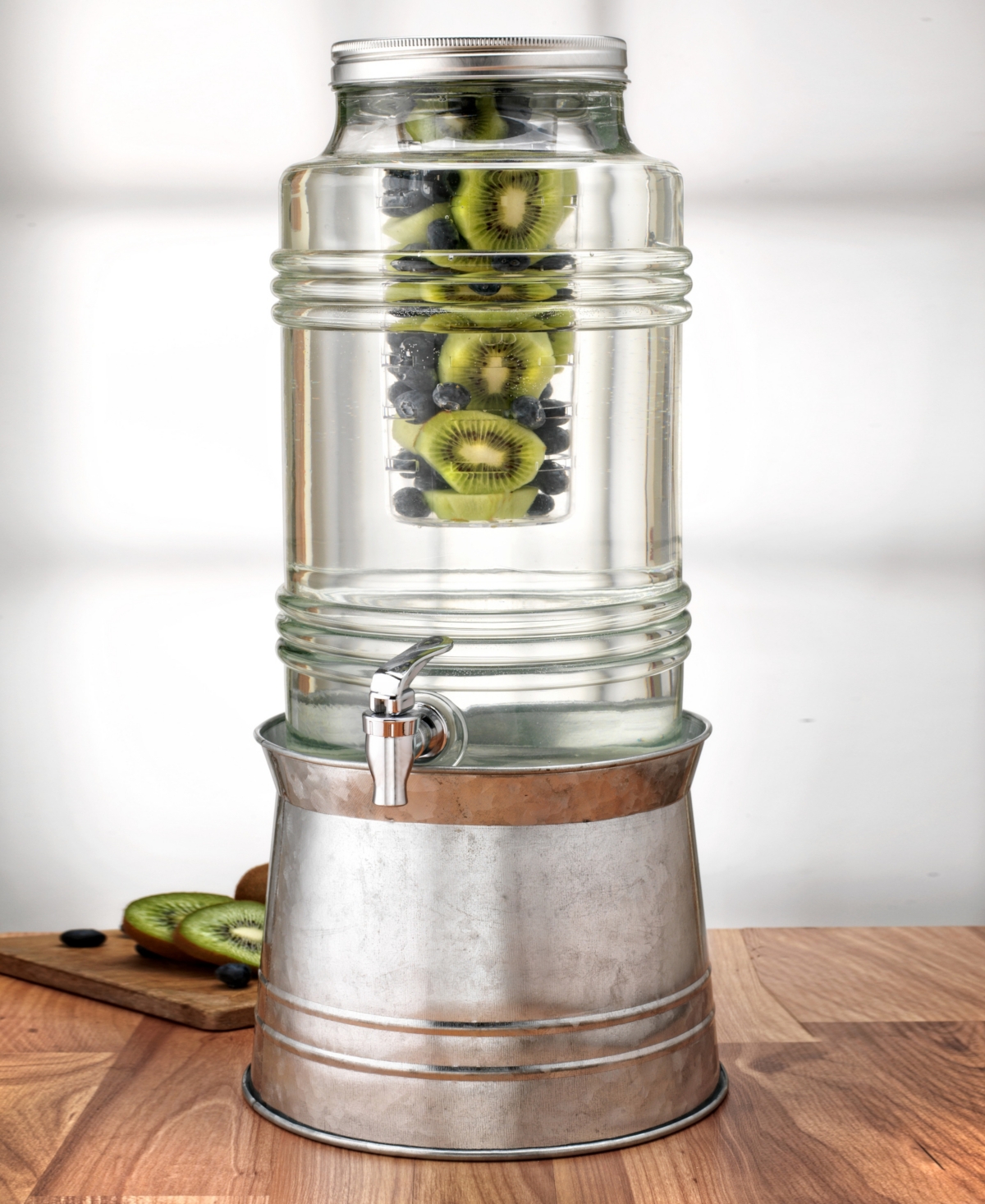 Circle Glass Breeze Beverage Dispenser with Ice Insert, Fruit Infuser and Galvanized Base, 2.4 Gal