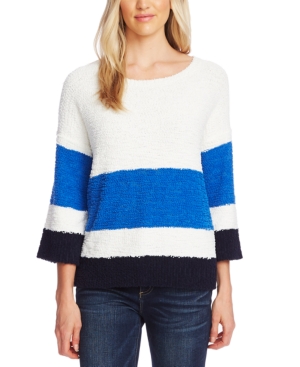VINCE CAMUTO STRIPED ELBOW-SLEEVE TEDDY BEAR SWEATER