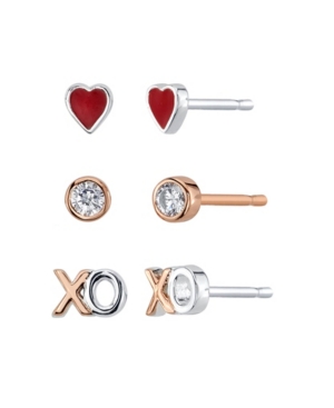 image of Unwritten Heart, Cubic Zirconia Bezel And Xo Rose Gold Two Tone Fine Plated Silver Post Stud Set Earrings