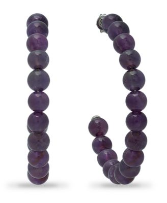 Genuine Stone Bead Hoops in Silver Plate, 1 3/4"