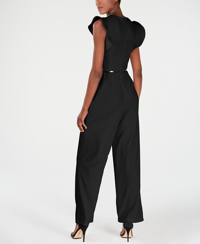 Calvin Klein Belted Ruffle-Sleeve Jumpsuit - Macy's