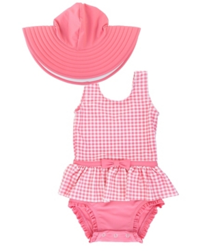 image of RuffleButts Toddler Girl-s Skirted 1-Piece Swimsuit Swim Hat Set