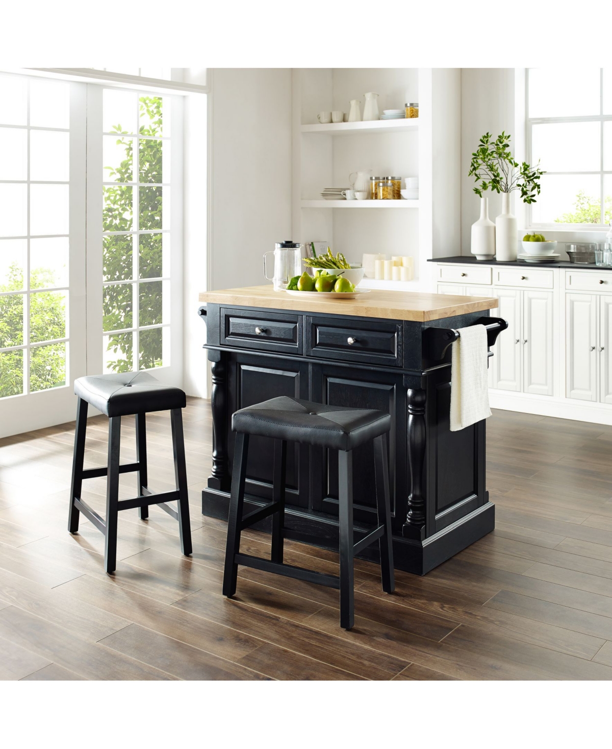 Crosley Oxford Butcher Block Top Kitchen Island With Upholstered Saddle Stools