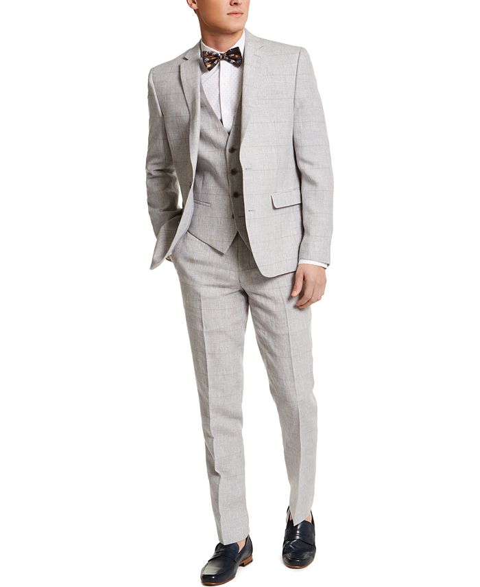 Bar III Men's Slim-Fit Gray Plaid Linen Three-Piece Suit Separates ...