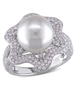 image of South Sea Cultured Pearl (10-10.5mm) and Diamond (1 ct. t.w.) Floral Halo Cocktail Ring in 14k White Gold