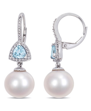 image of Freshwater Cultured Pearl (11-12mm), Blue Topaz (1 ct. t.w.) and Diamond (1/4 ct. t.w.) Triangle Drop Earrings in 10k White Gold