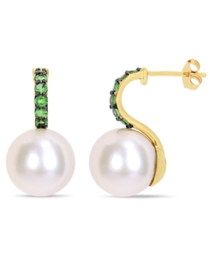 image of Freshwater Cultured Pearl (11-12mm) and Tsavorite (5/8 ct. t.w.) Drop Earrings in 10k Yellow Gold