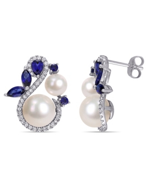 image of Freshwater Cultured Pearl (5.5-8.5mm), Created Sapphire (1 1/10 ct. t.w.) and Diamond (1/3 ct. t.w.) Swan Earrings in 10k White Gold