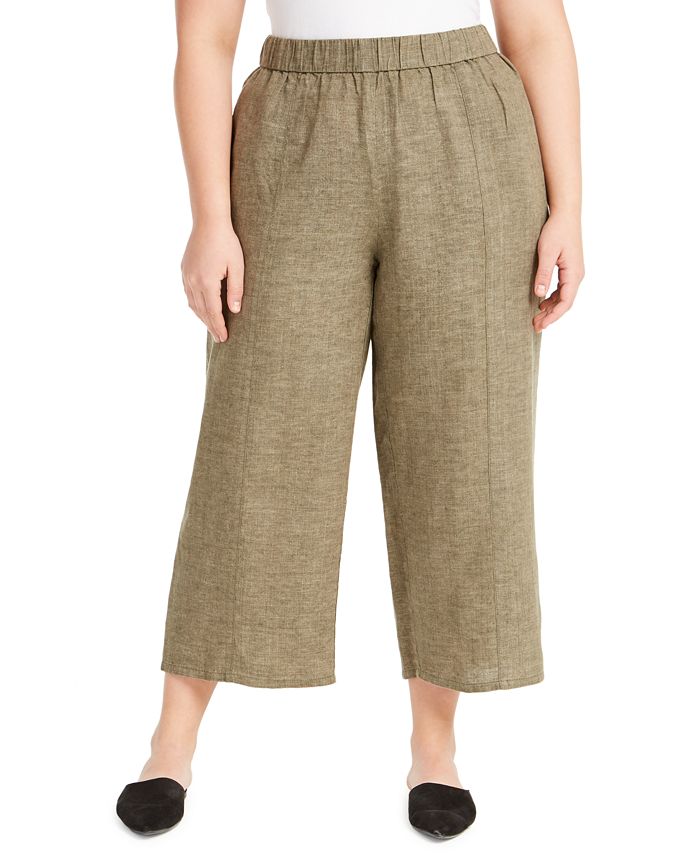 Eileen Fisher Plus Size Organic Linen Wide-Leg Cropped Pants - Macy's