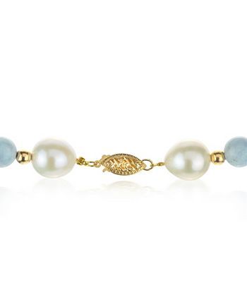 Macy's - White Freshwater Cultured Pearl (10.5-11mm) with Blue Aquamarine (8mm), and Gold Beads (4mm) 18" Necklace in 14k Yellow Gold